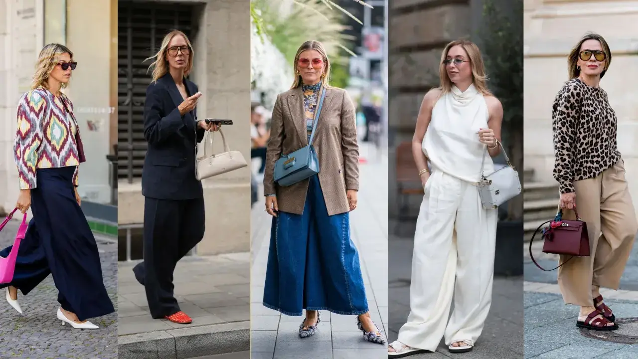 Pięć kobiet prezentuje modne spodnie slouchy w różnych stylizacjach. Od eleganckich garniturów po luźne, szerokie nogawki.