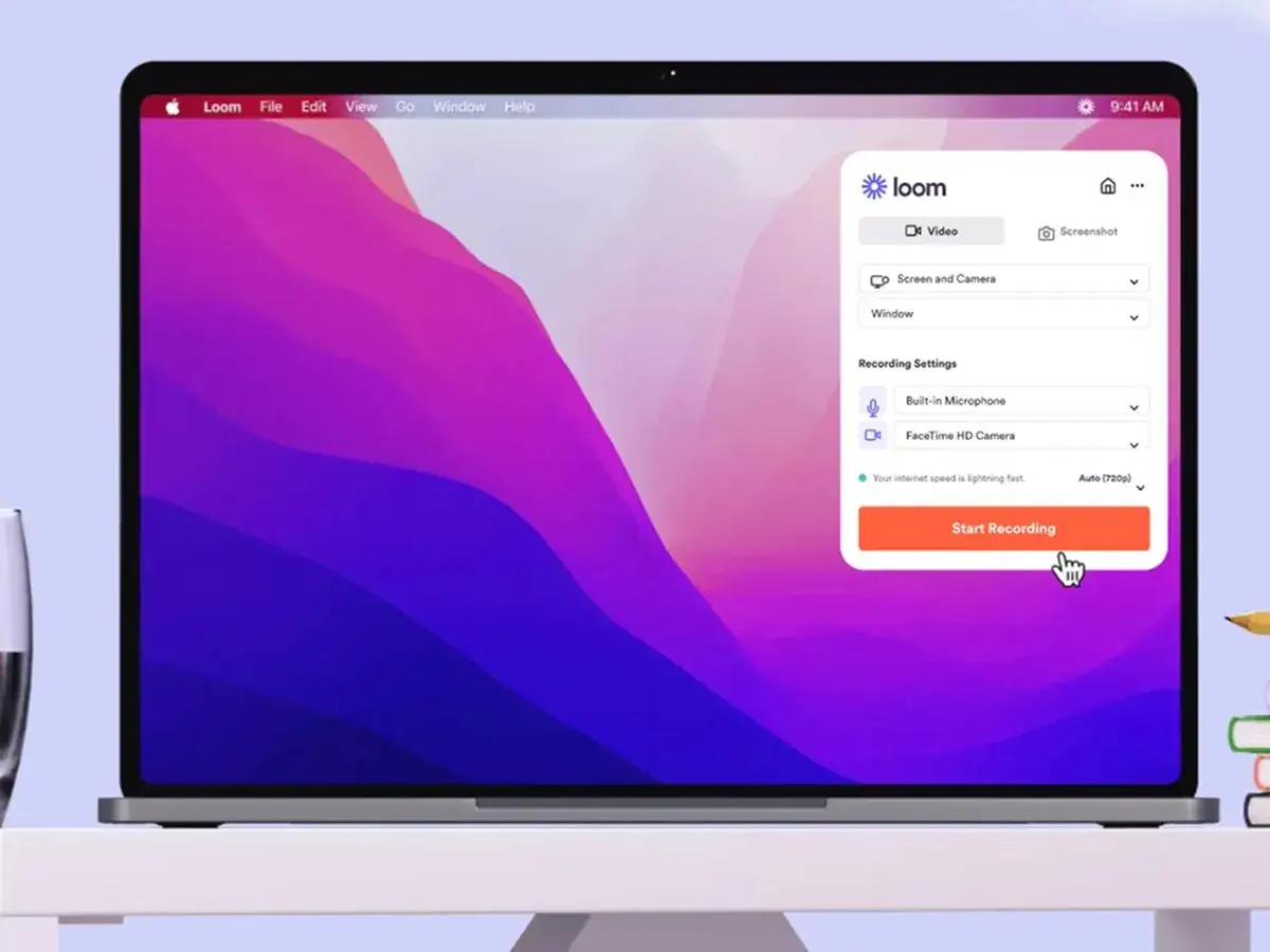 Jak nagrać ekran? Aplikacja Loom na laptopie pozwala wybrać, czy chcesz nagrywać ekran, kamerę, czy jedno i drugie. Ustawienia mikrofonu i kamery są gotowe.