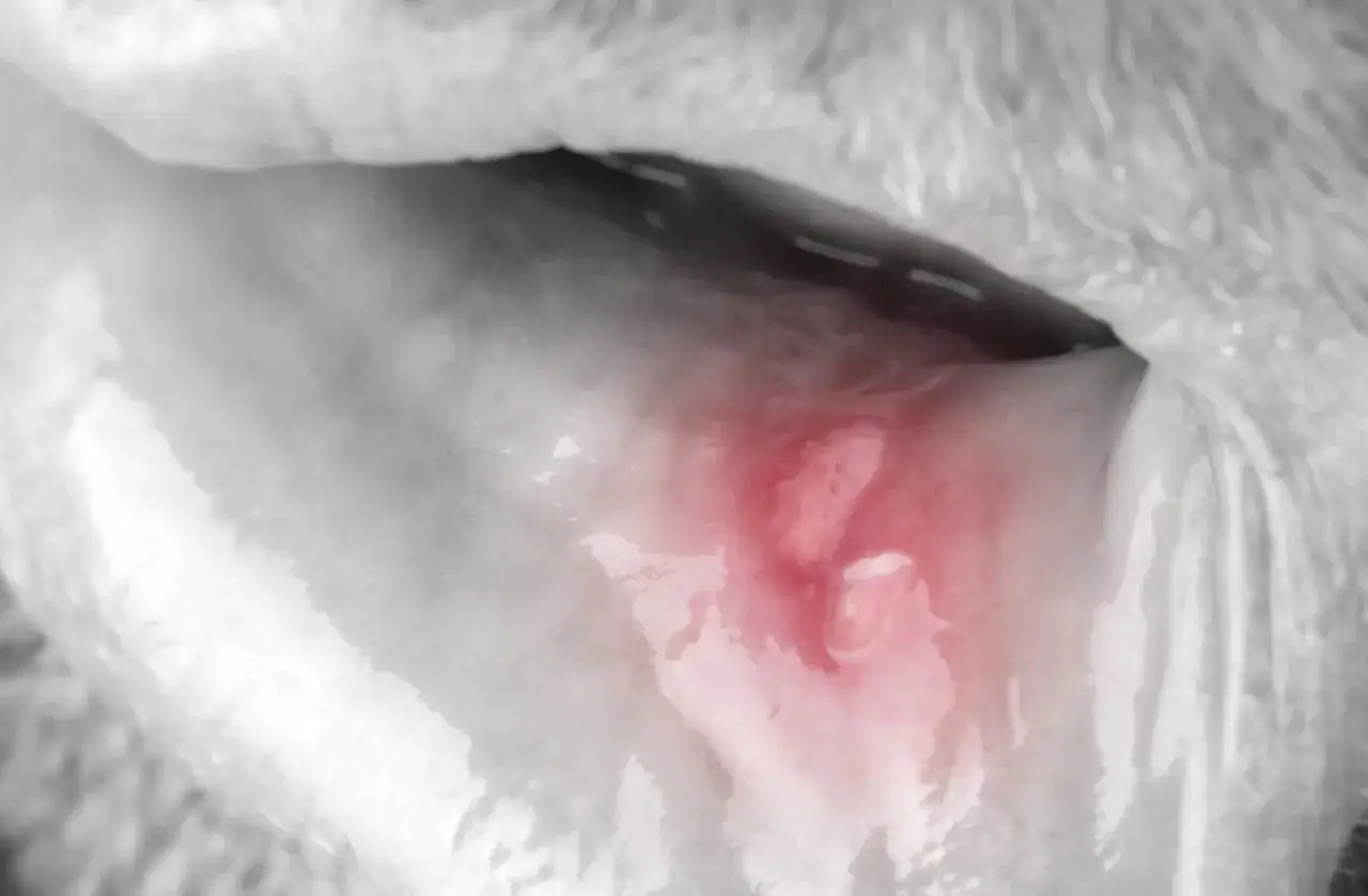 Widoczne afta na języku, zaczerwienione i bolesne.