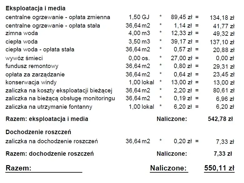 rachunek czynsz spółdzielnia mieszkaniowa składniki