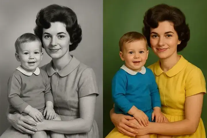 Przykłady zdjęć przed i po koloryzacji AI