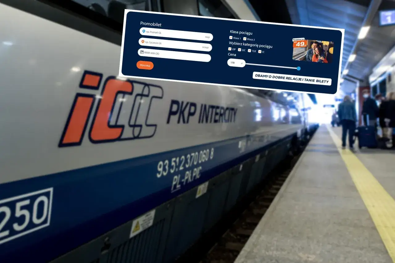Sprawdź, ile kosztuje bilet do Krakowa PKP. Interfejs wyszukiwania połączeń kolejowych na tle pociągu PKP Intercity.