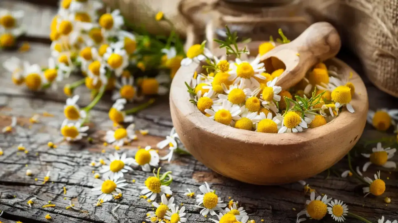 Świeży rumianek w drewnianej misce, idealny na zaparcia. Kwiaty rozsypane na drewnianym blacie.