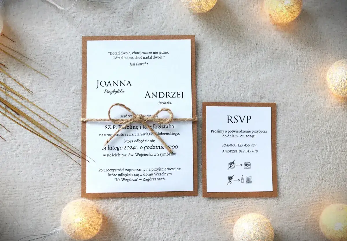Jak napisać zaproszenie przykład: ślubne zaproszenie Joanny i Andrzeja z kartą RSVP.