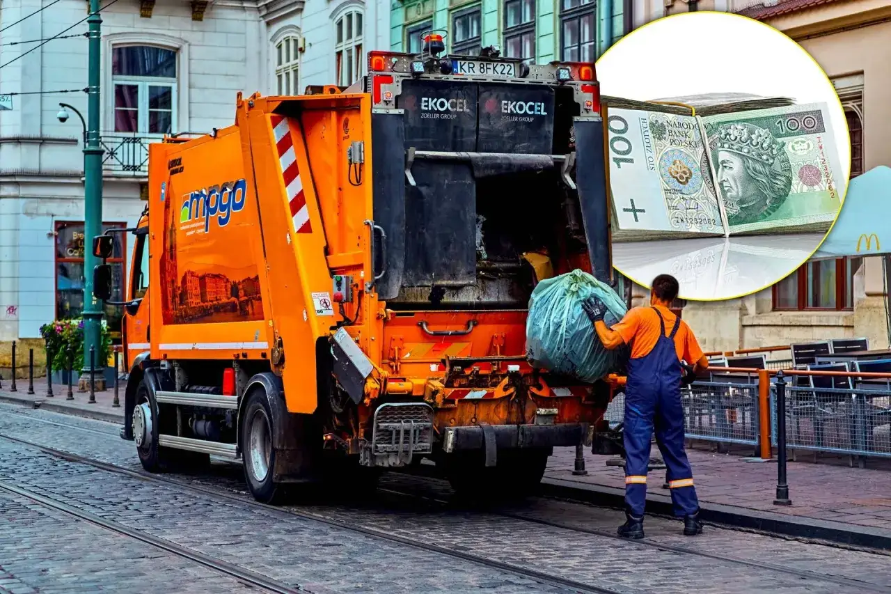 Kierowca śmieciarki z workiem śmieci i stos banknotów 100 zł. Ile zarabia kierowca śmieciarki w Niemczech?