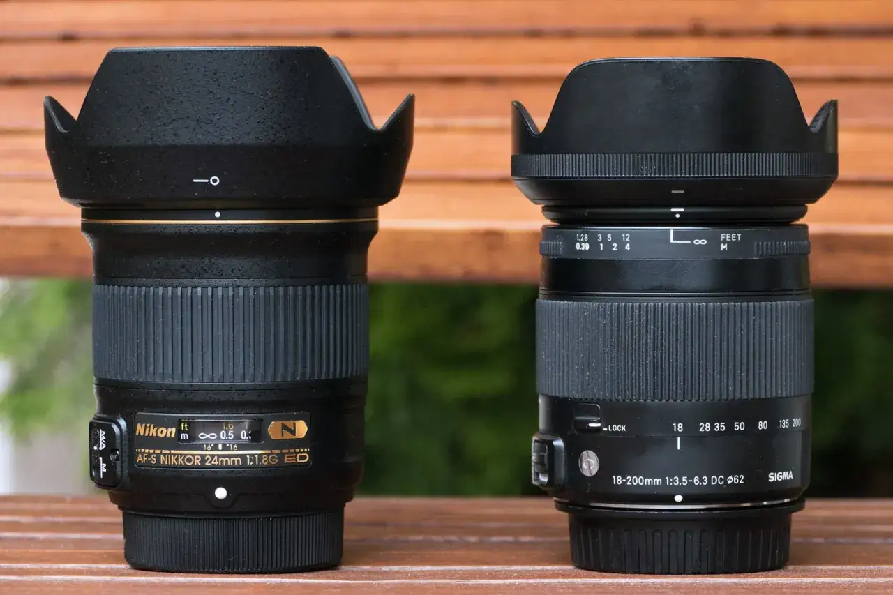 Dwa obiektywy: Nikon 24mm f/1.8G ED i Sigma 18-200mm f/3.5-6.3 DC.