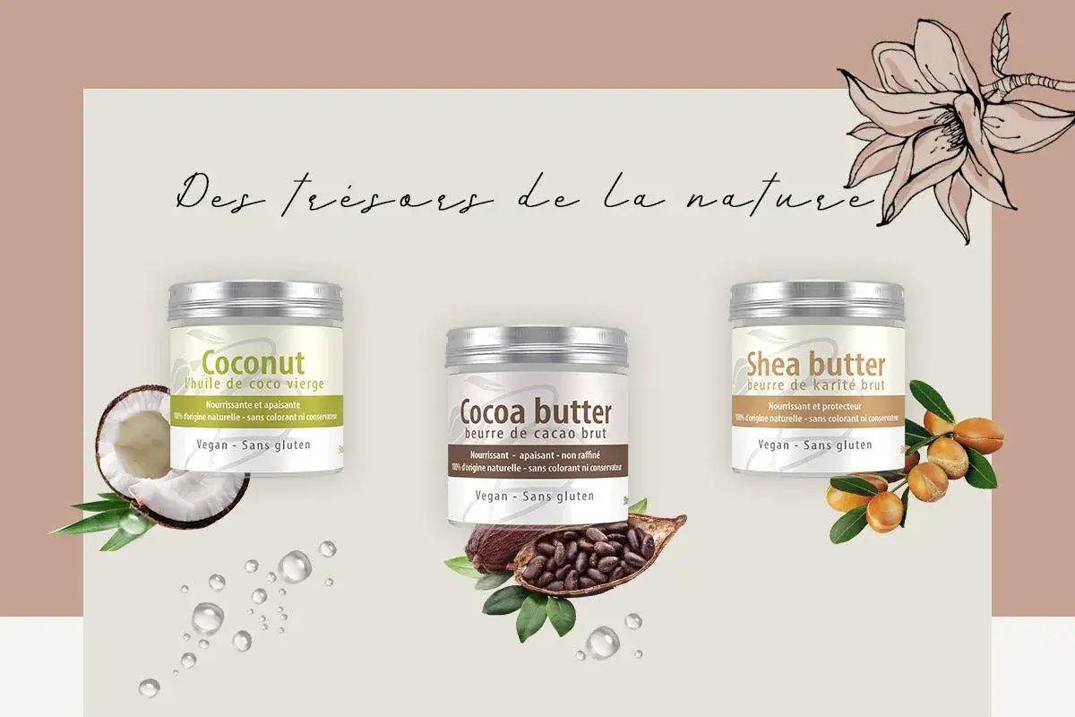 Naturalne skarby: masło shea, olej kokosowy i kakaowy. Idealne dla wegan i bez glutenu.