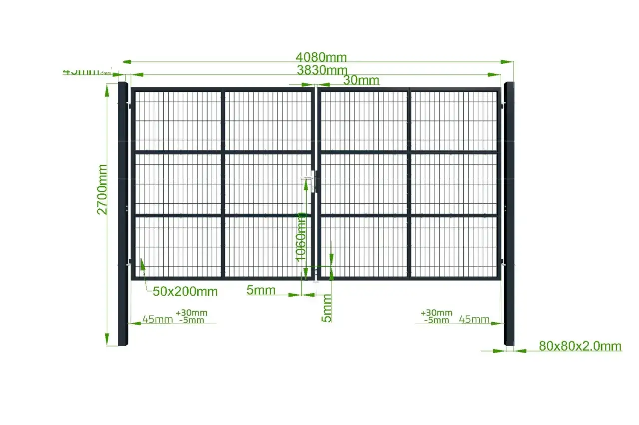 Dwuskrzydłowa brama wjazdowa z furtką, z siatki, o wymiarach 4080x2700mm, z elementami mocującymi.