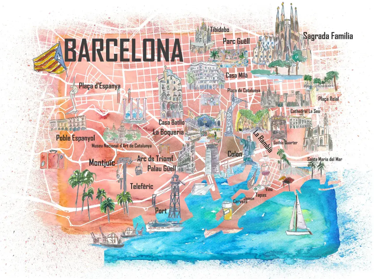 Mapa dzielnic Barcelony z wyr&oacute;żnionymi obszarami turystycznymi