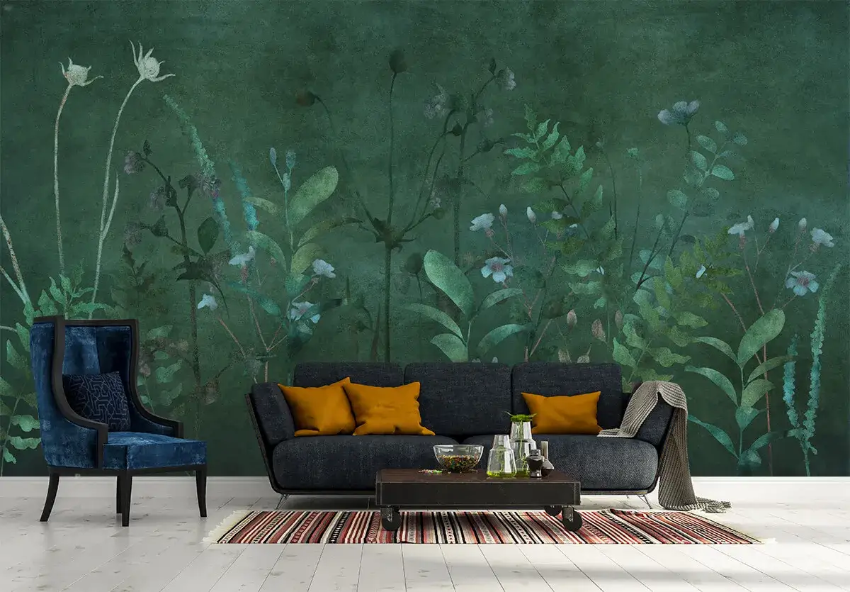 Tapeta zielone kwiaty w stylu botanicznym, z ciemnozielonym tłem i subtelnymi, akwarelowymi detalami roślin.