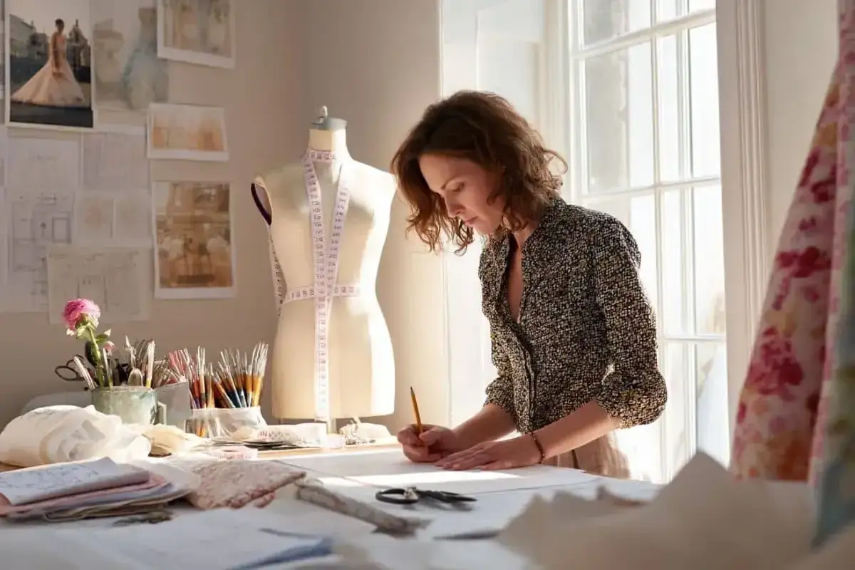 Kreatorka szkicuje projekt sukienki przy manekinie. W pracowni panuje twórcza atmosfera, idealna, by dowiedzieć się, jak uszyć sukienkę.