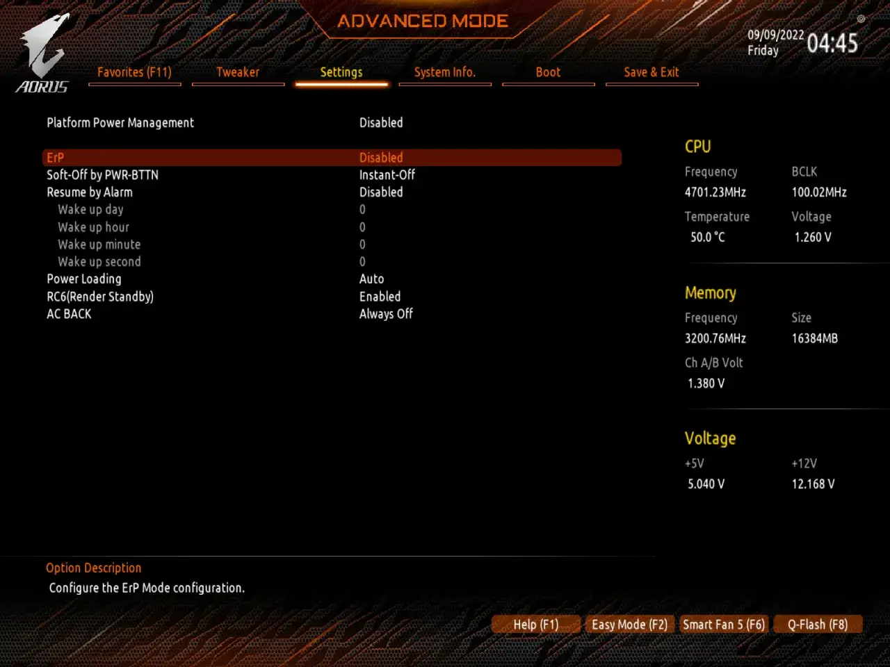 BIOS UEFI ErP settings