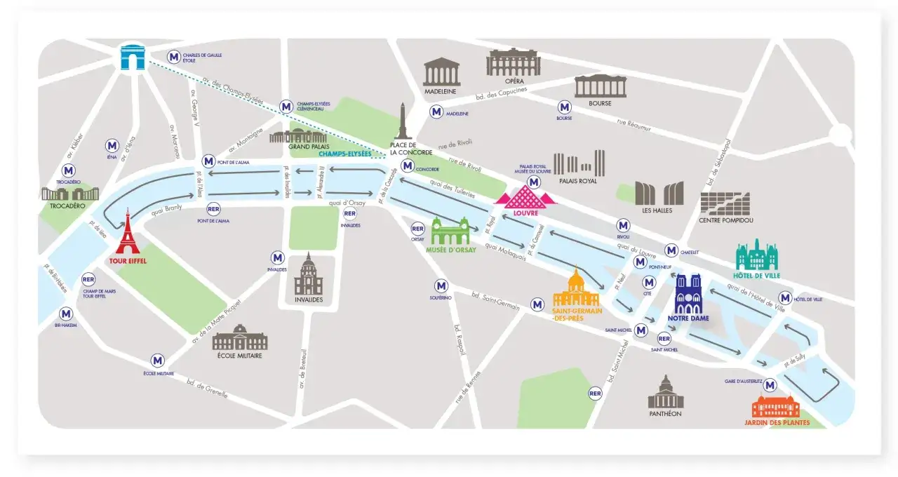 Mapa Paryża z zaznaczonymi atrakcjami i stacjami metra. Widać Sekwanę, Wieżę Eiffla, Luwr, Notre Dame.