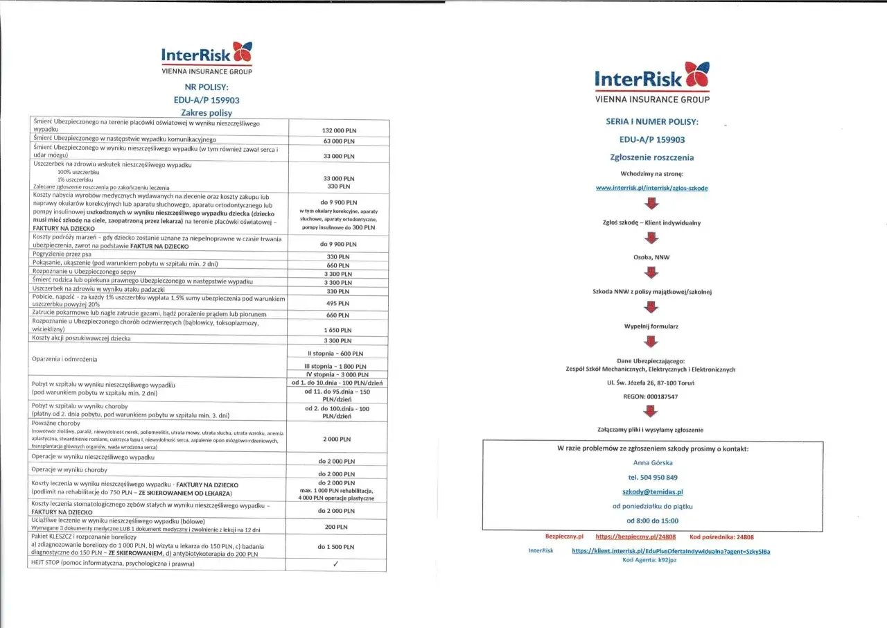 Og&oacute;lne Warunki Ubezpieczenia NNW szkoła