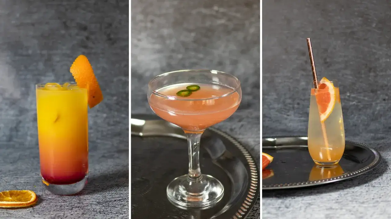 Trzy drinki z tequilą: kolorowy z pomarańczą, różowy z papryczką i cytrusowy z grejpfrutem. Idealne propozycje z czym pić tequilę.