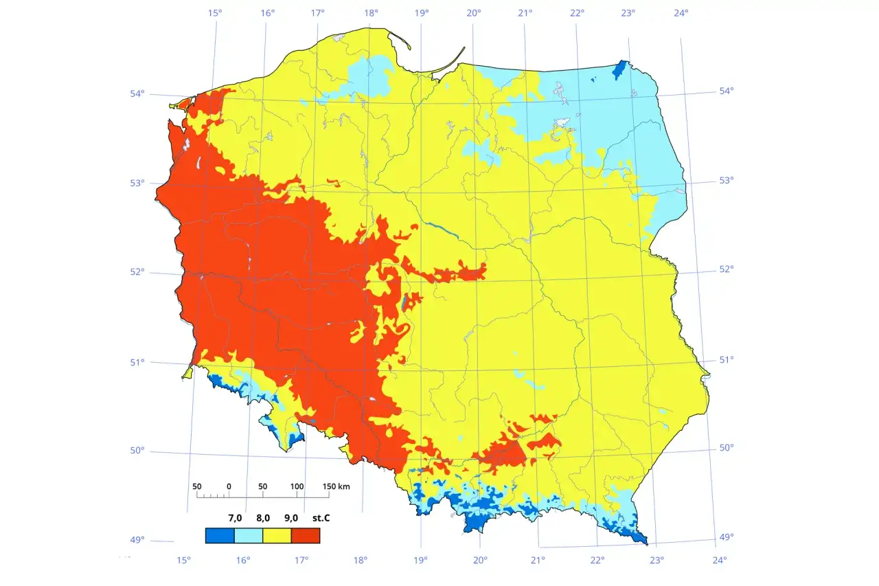 Mapa Polski pokazująca, jaki mamy klimat w Polsce. Kolory oznaczają średnie temperatury: czerwony (9°C), żółty (8°C), jasnoniebieski (7°C), ciemnoniebieski (poniżej 7°C).