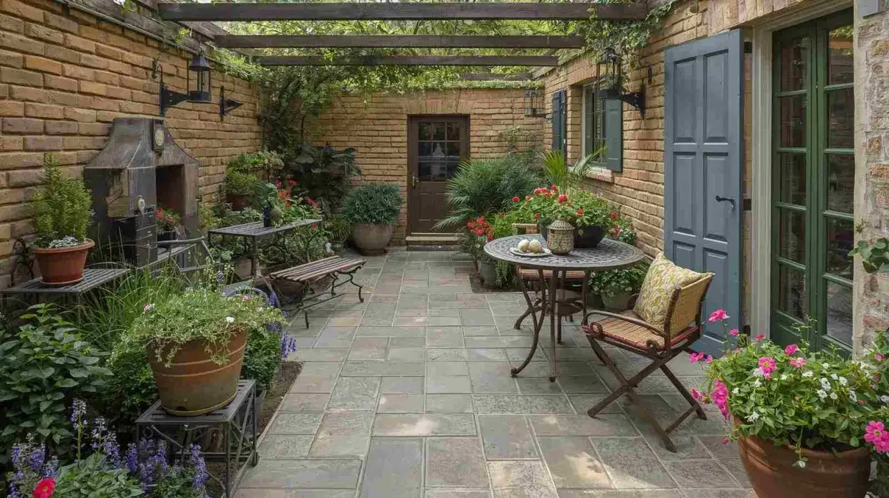 Urokliwe aranżacje wokół tarasu z ceglanymi ścianami, pergolą i mnóstwem zieleni.