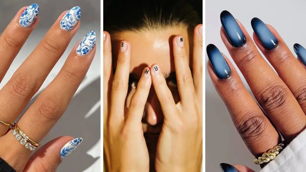 1001 pomysł&oacute;w na paznokcie: niebieskie wzory, litery na paznokciach i gradientowy manicure.