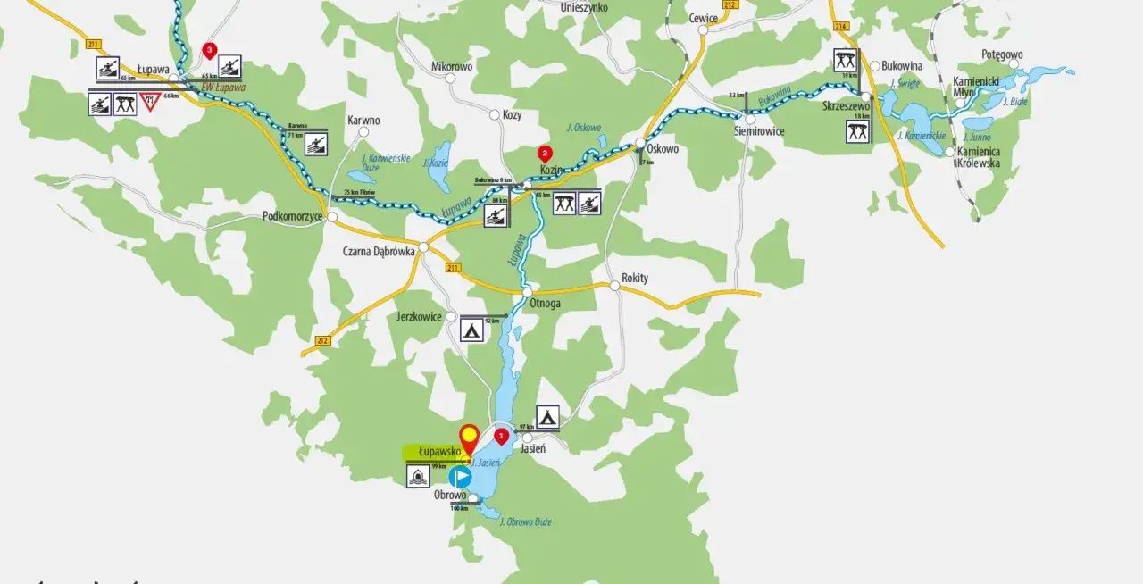 Mapa Jeziora Jasień z zaznaczonymi strefami