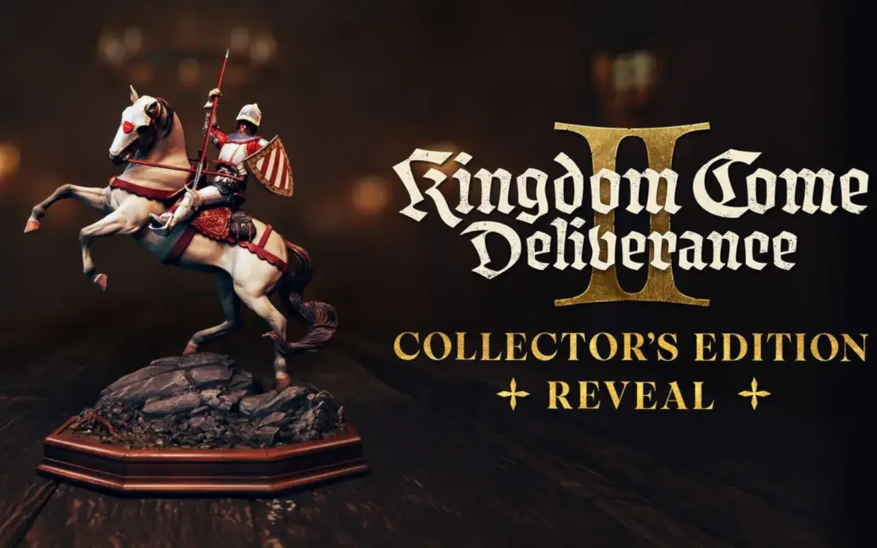 Rycerz na białym koniu z tarczą i wł&oacute;cznią, zapowiedź edycji kolekcjonerskiej Kingdom Come: Deliverance II.