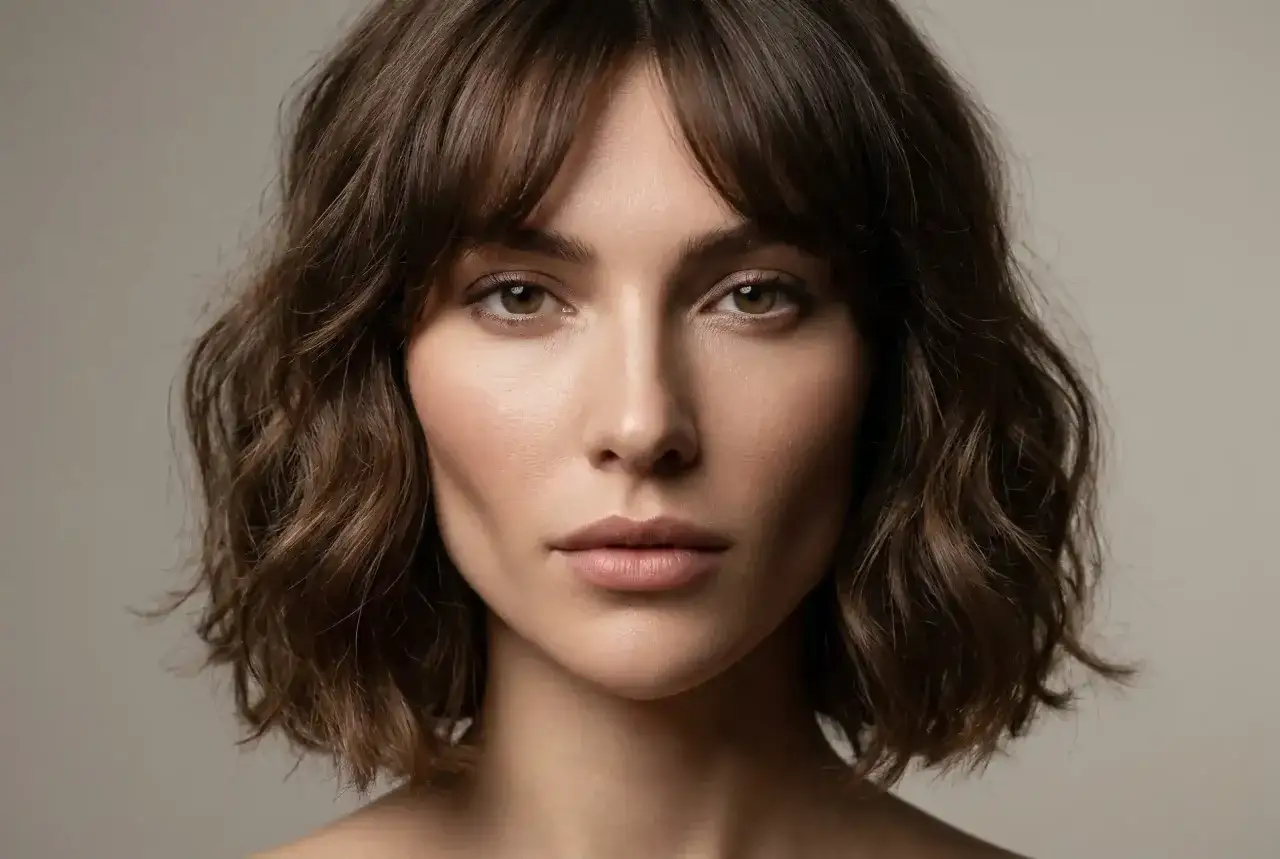 Kobieta z brązowymi, falowanymi włosami i grzywką. Idealna inspiracja, jak dopasować fryzurę do kształtu twarzy.