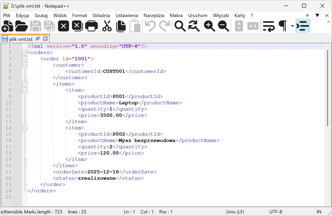 Notatnik++ otwiera plik XML z zamówieniem: laptop i mysz bezprzewodowa.