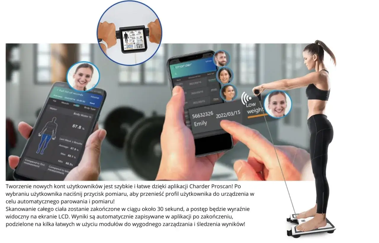 Analizator składu ciała, osoba stojąca na wadze z elektrodami