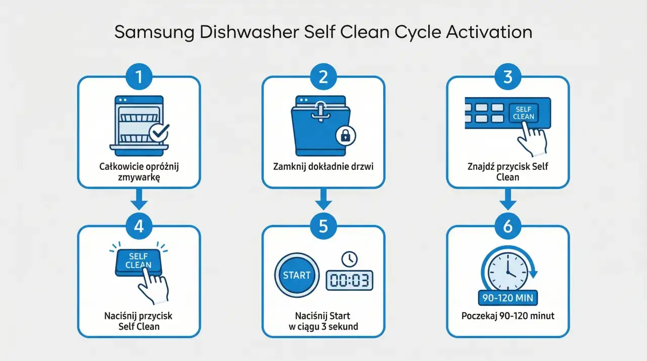Instrukcja jak czyścić zmywarkę Samsung: opróżnij, zamknij drzwi, znajdź i naciśnij przycisk Self Clean, naciśnij Start, poczekaj 90-120 minut.