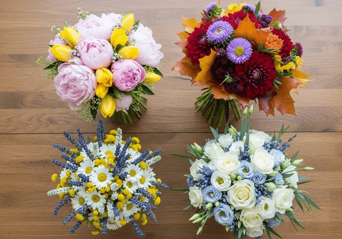 Cztery bukiety kwiatowe: różowe piwonie z żółtymi tulipanami, jesienne kwiaty z liśćmi, bukiet z rumianków i lawendy, oraz białe róże z niebieskimi akcentami.