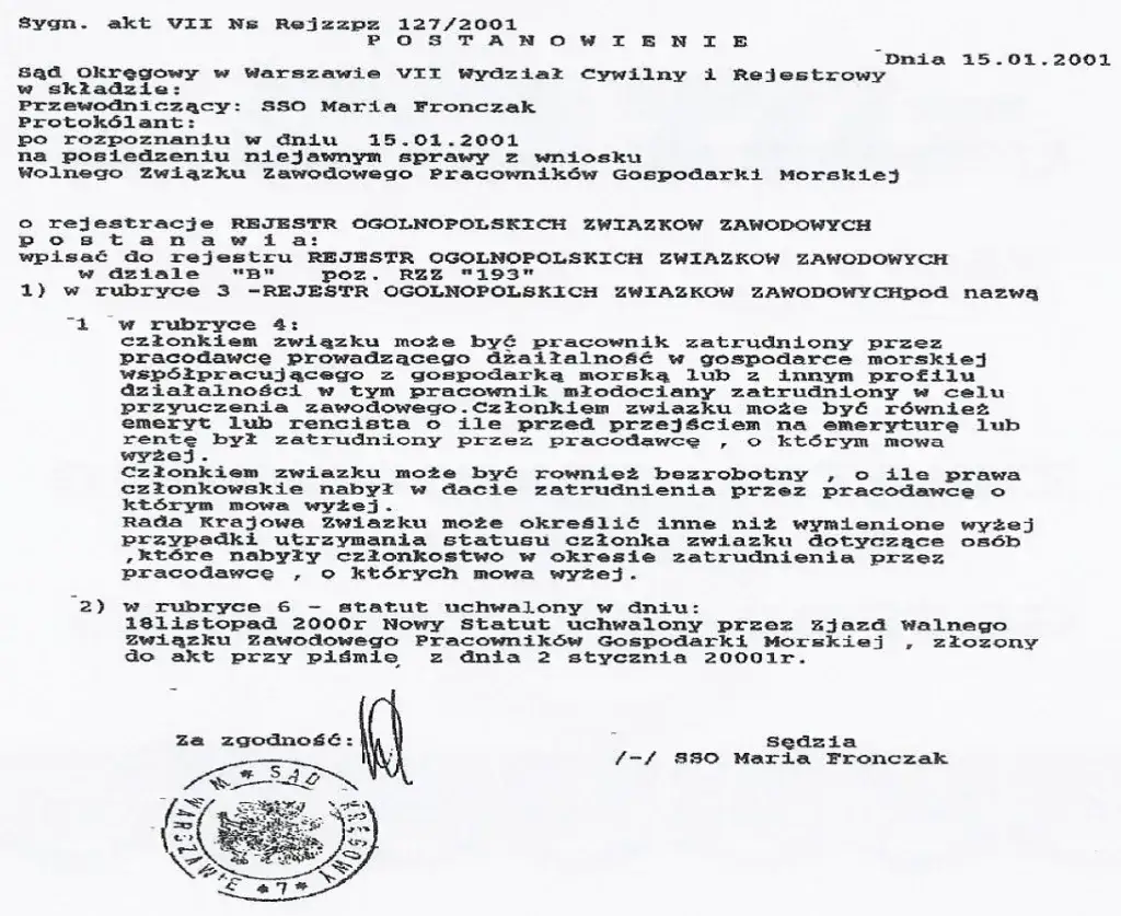 statut związku zawodowego, dokumenty prawne, pieczęć, paragrafy