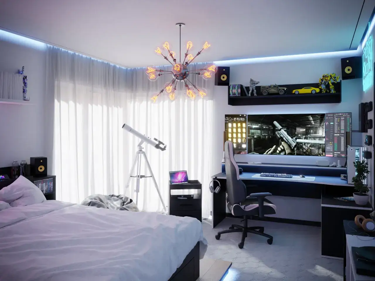 Nowoczesny pokój dla chłopca z łóżkiem, biurkiem gamingowym, teleskopem i neonowym oświetleniem.