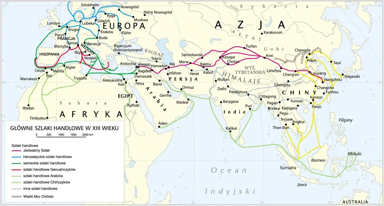 Mapa szlaków handlowych w XIII wieku. Pokazuje trasy Jedwabnego Szlaku, szlaków arabskich, chińskich i innych, łączące Europę, Azję i Afrykę. Kto odkrył Afrykę? Ta mapa pokazuje jej ówczesne połączenia handlowe.
