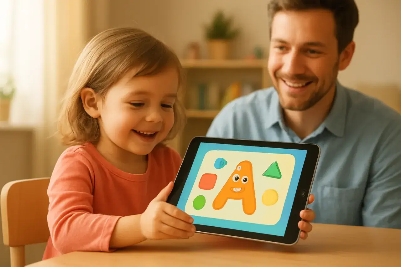 Radosna dziewczynka i tata oglądają na tablecie edukacyjne piosenki dla rocznego dziecka. Na ekranie literka 