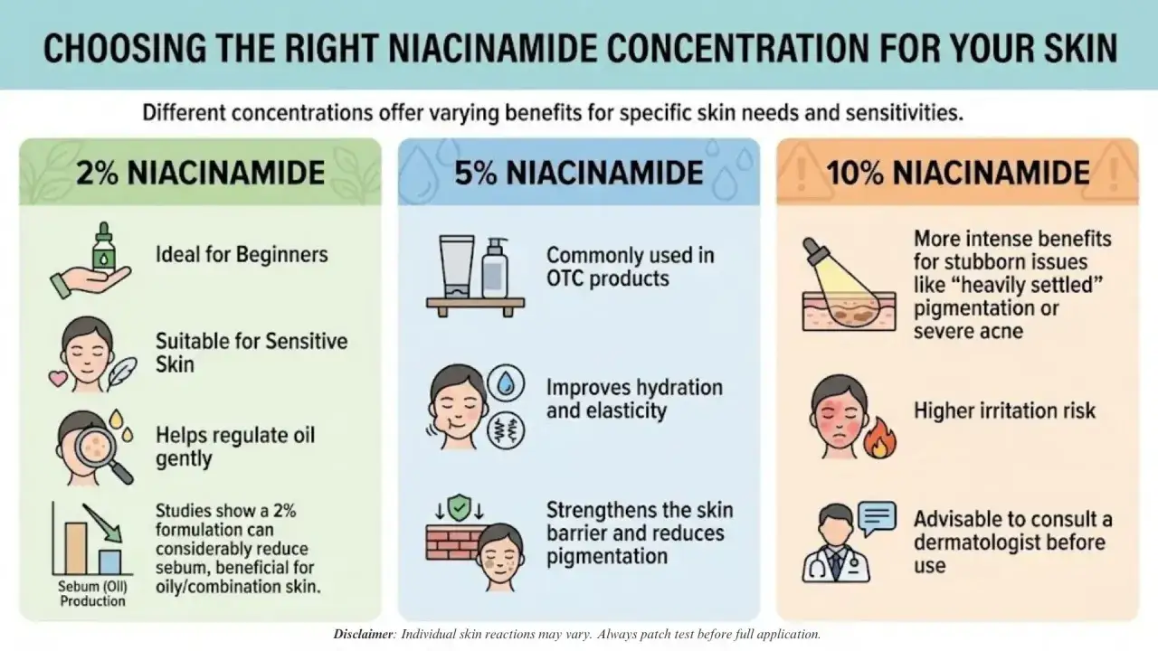 Jak stosować niacynamid? Infografika por&oacute;wnuje stężenia 2%, 5% i 10% niacynamidu, wskazując ich zastosowanie i potencjalne ryzyko.
