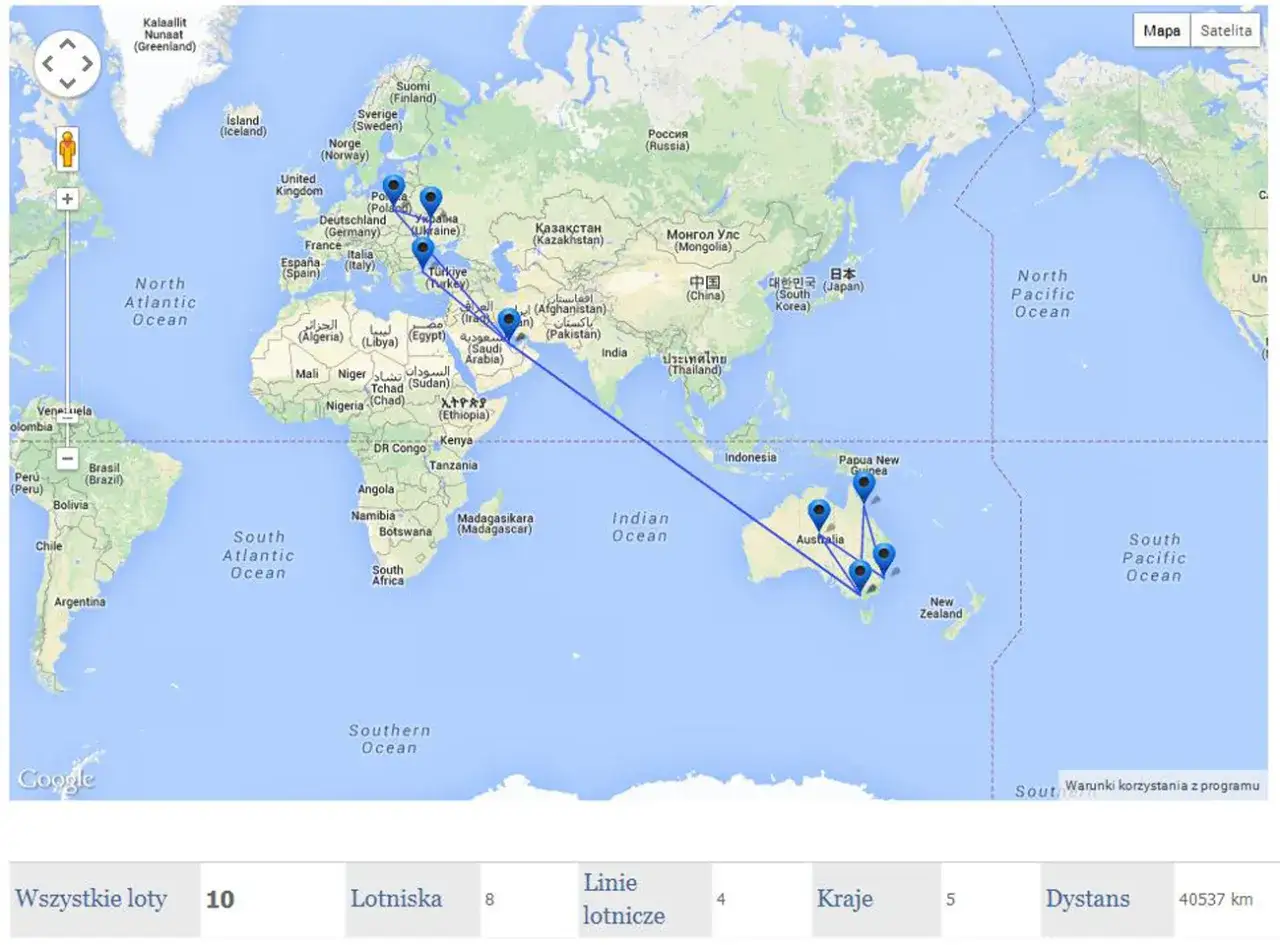 Mapa pokazuje trasę lotów z Europy do Australii. Ile leci się do Australii? Ponad 40 tys. km.