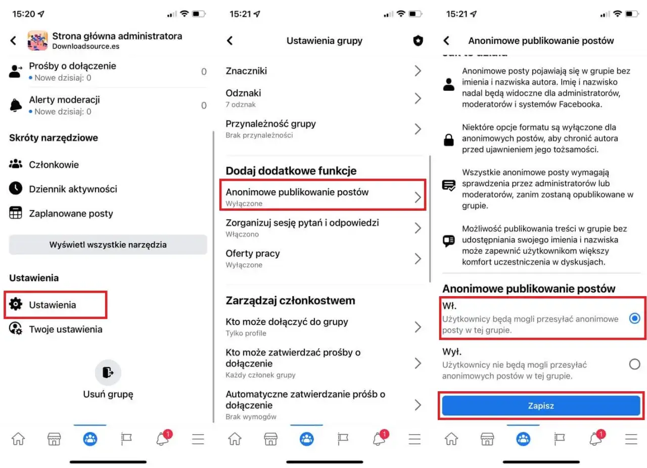 Facebook anonimowy post w grupie opcja