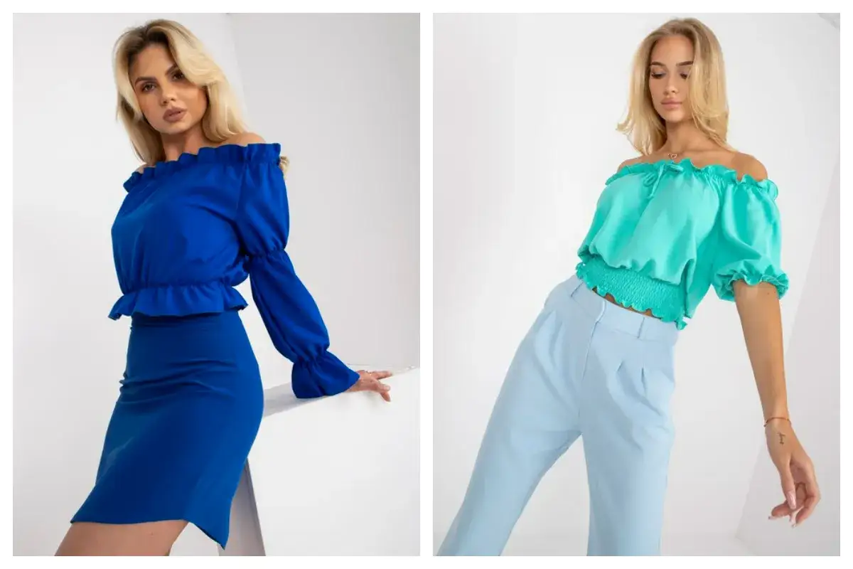 Dwie modelki prezentują stylowe bluzki hiszpanki na lato. Jedna w kolorze kobaltowym, druga miętowa.