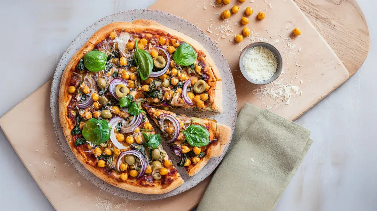 Pizza wegetariańska z ciecierzycą, szpinakiem i oliwkami. Zastanawiasz się, ile kalorii ma pizza wegetariańska? Ta wygląda apetycznie!