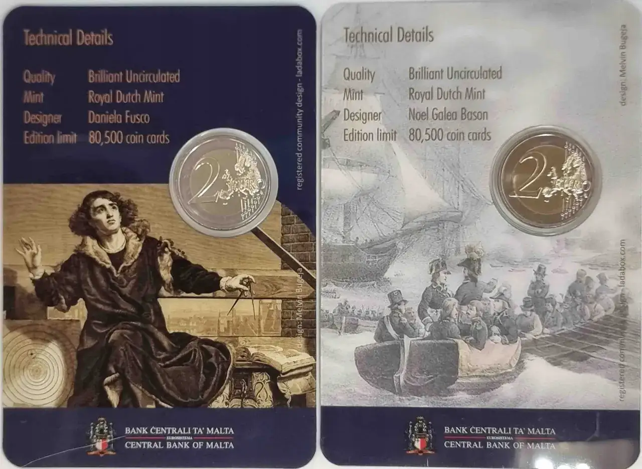 Na Malcie obowiązuje waluta euro. Na zdjęciu moneta 2 euro z wizerunkiem Galileusza i sceną morską.