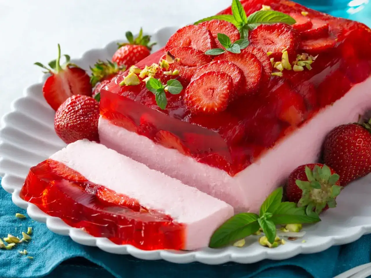 Sernik na zimno z truskawkami i galaretką, udekorowany miętą i pistacjami. Idealny deser na lato.