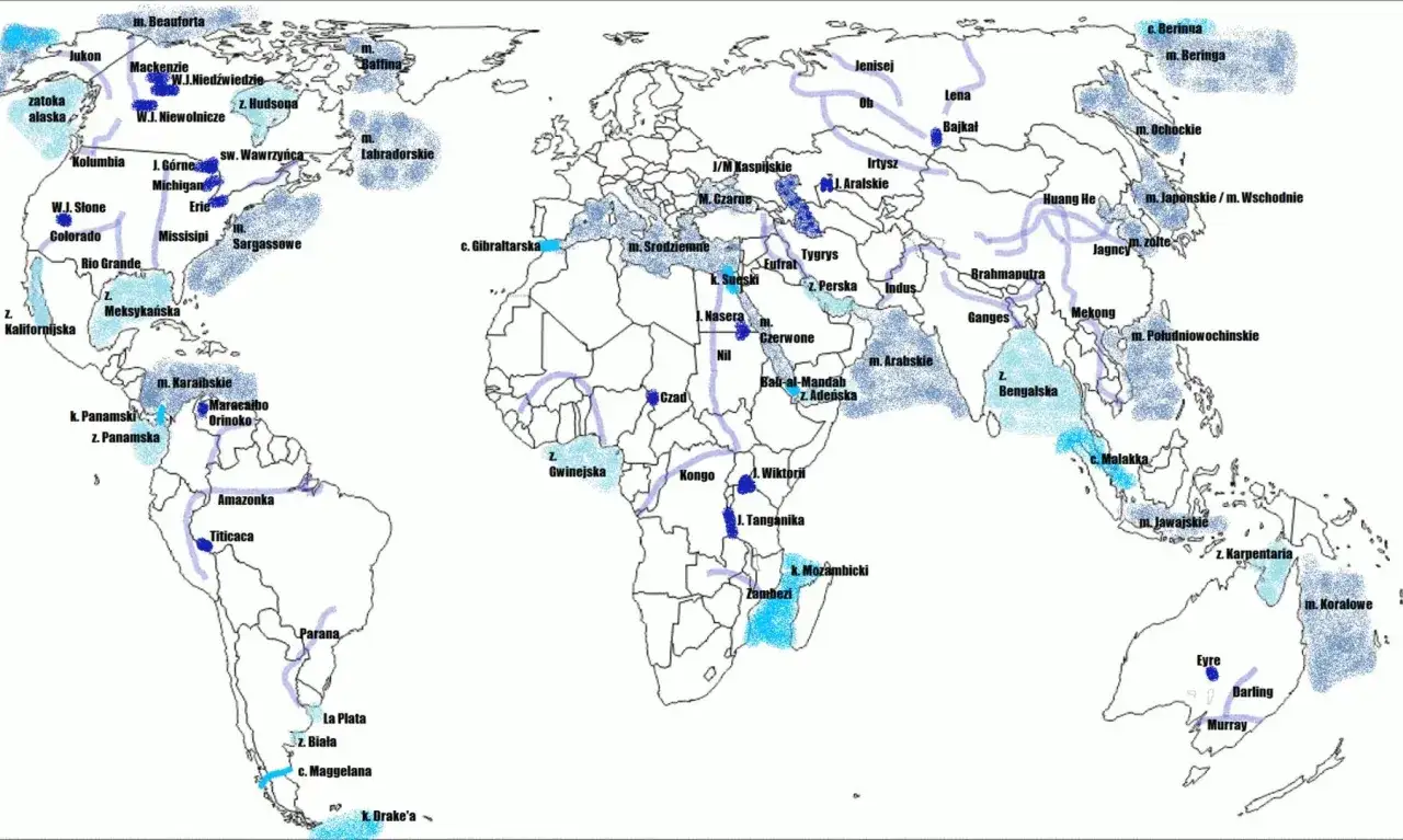 Mapa świata z zaznaczonymi rzekami i jeziorami, sugerująca ile jest mórz na świecie.