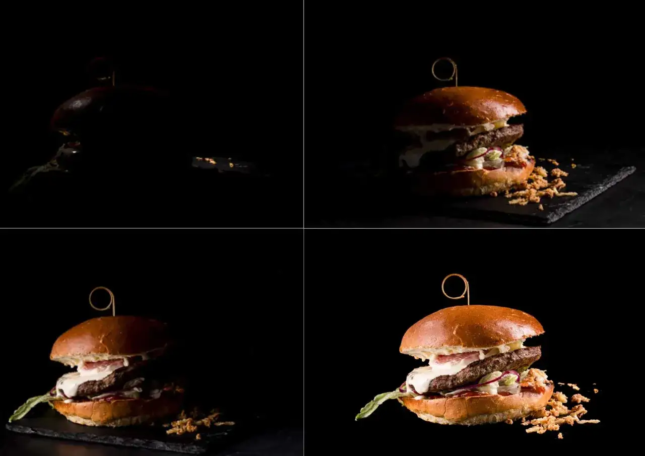 Apetyczny burger z rozpływającym się serem i chrupiącą cebulką. Profesjonalna fotografia kulinarna podkreśla jego smakowitość.