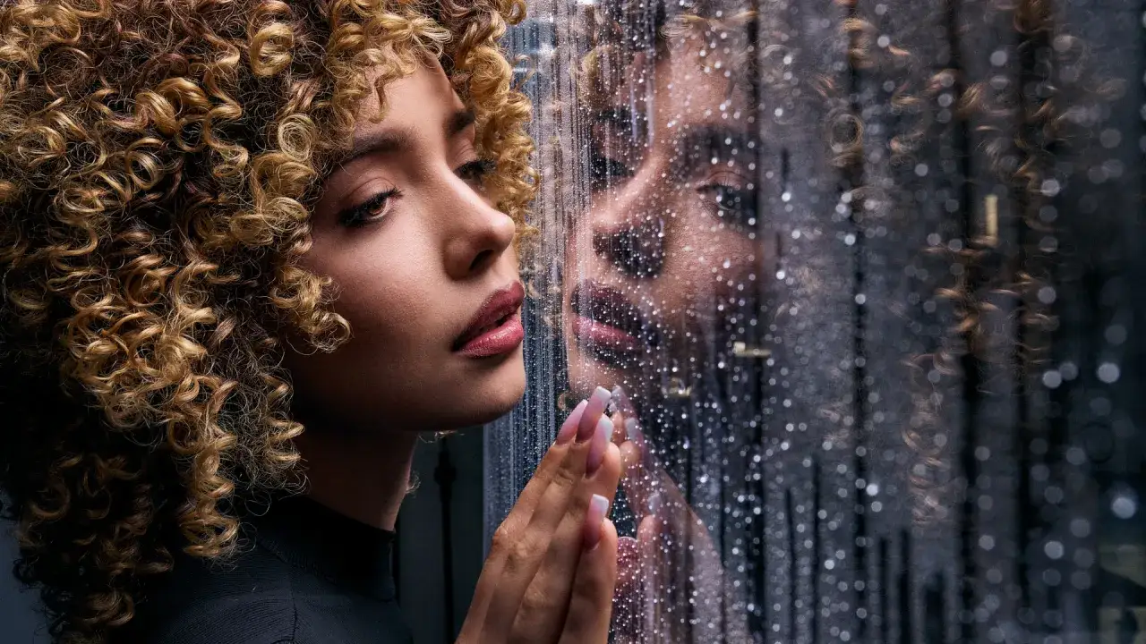 Kobieta z kręconymi włosami opiera się o szybę pokrytą kroplami deszczu. Jej odbicie w szybie tworzy intymną sesję w deszczu.