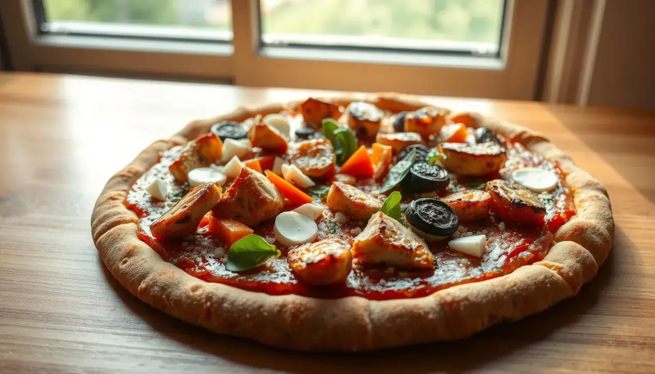 Niskokaloryczna pizza domowa z warzywami i chudym mięsem