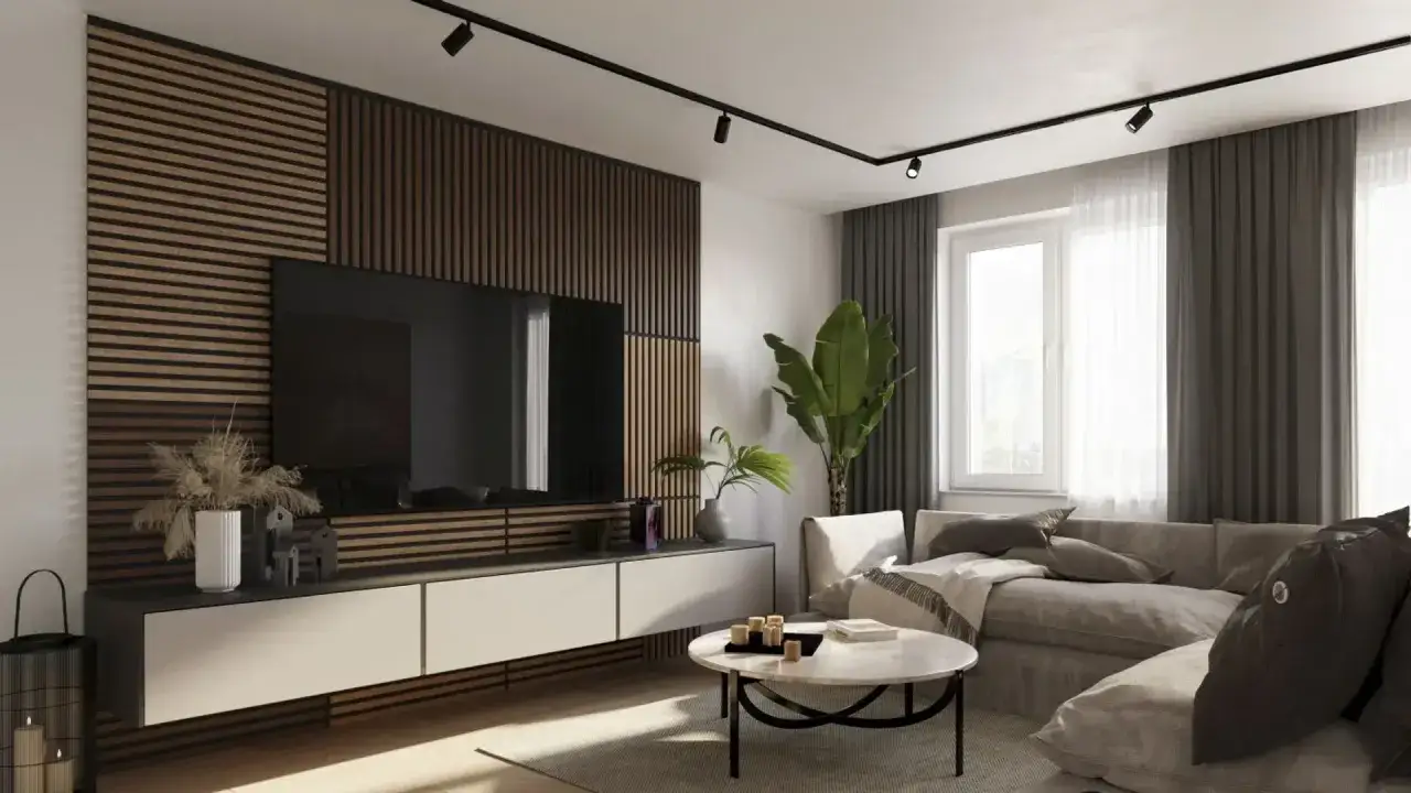 Nowoczesne oświetlenie ściany z telewizorem, z drewnianymi lamelami i minimalistyczną szafką RTV.