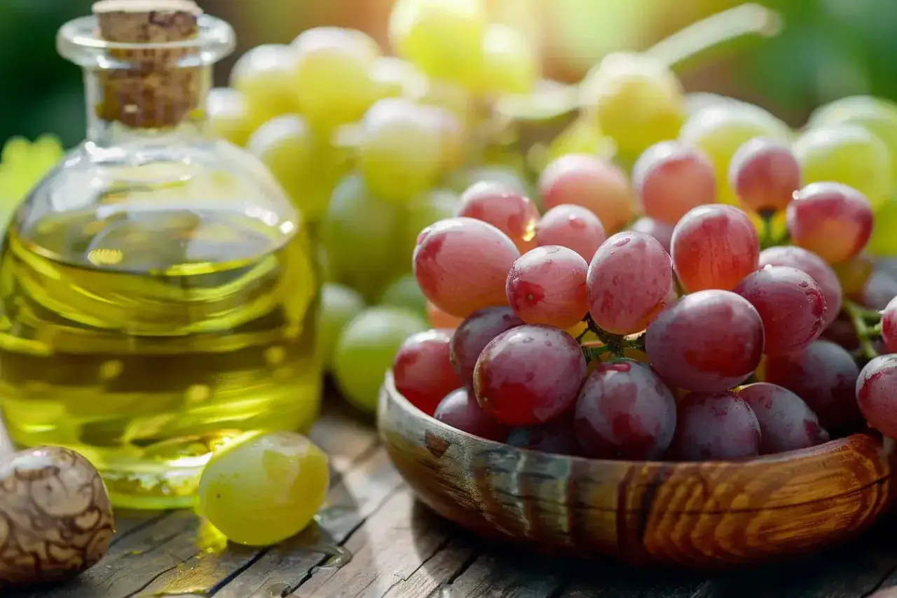 Butelka z płynnym złotem – olej z pestek winogron właściwości. Obok kiście czerwonych i zielonych winogron.