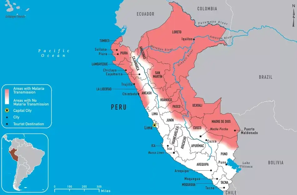mapa Peru z zaznaczonymi regionami turystycznymi i strefami ryzyka