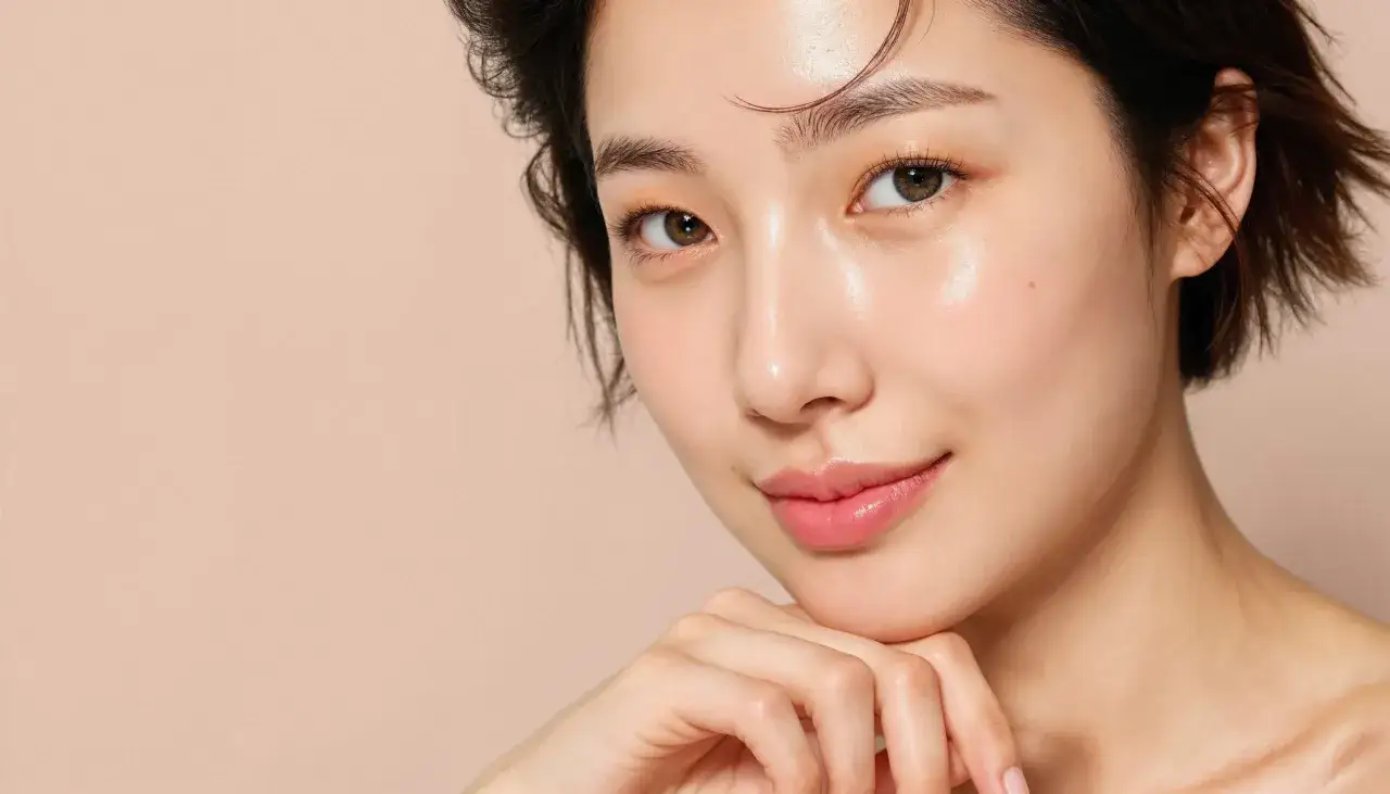 Delikatna skóra i subtelny, naturalny koreański makijaż. Modelka opiera podbródek na dłoni, prezentując promienny wygląd.