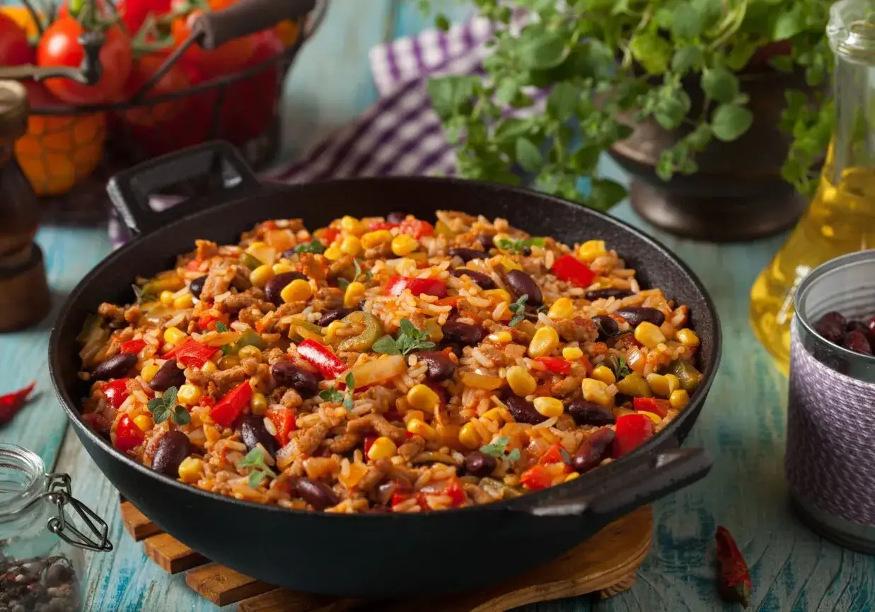 Pyszny kurczak po meksykańsku z ryżem, fasolą, kukurydzą i papryką, podany w czarnej patelni.