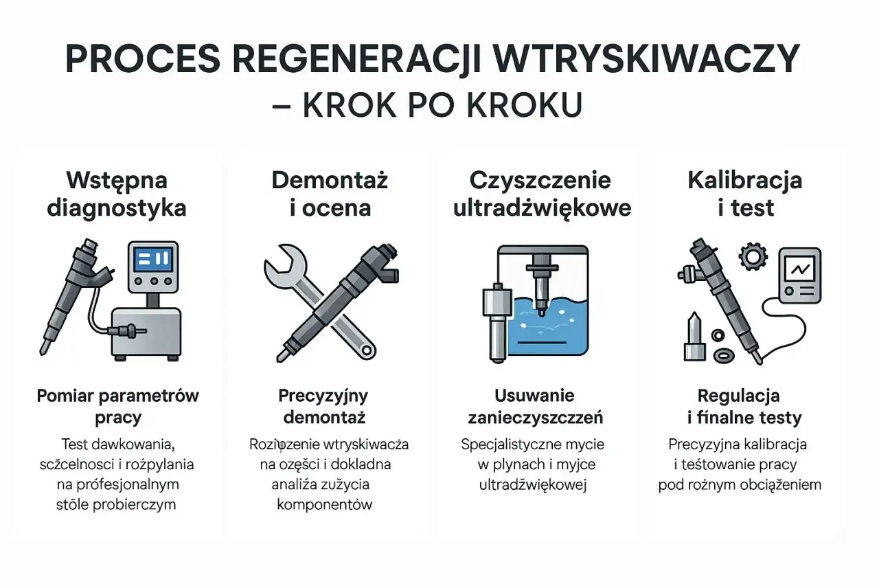 Proces regeneracji wtryskiwaczy krok po kroku: diagnostyka, demontaż, czyszczenie ultradźwiękowe, kalibracja. Dowiedz się, ile kosztuje regeneracja wtryskiwaczy.